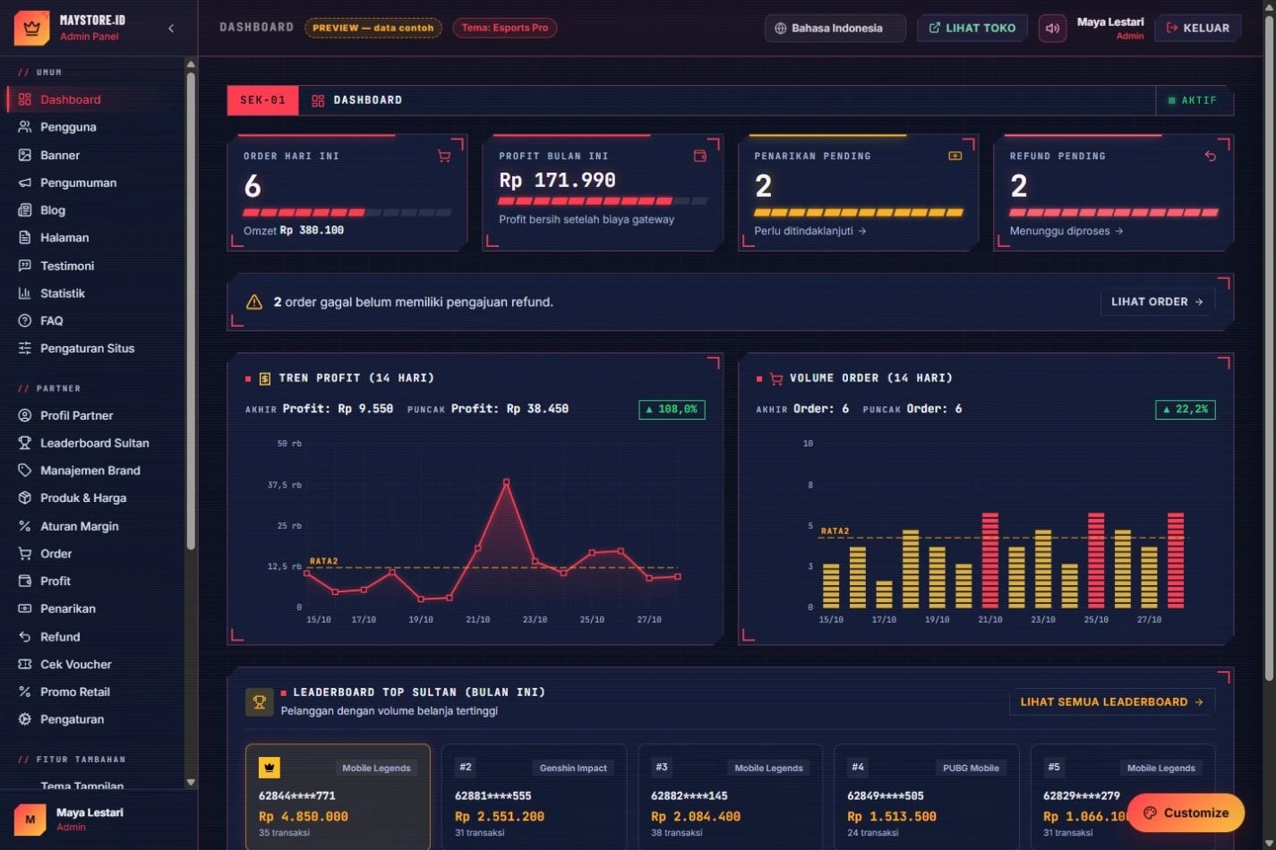 Esports Pro · Dashboard partner: Contoh dashboard untuk memantau penjualan, pesanan, dan keuntungan dengan tema yang selaras dengan toko.