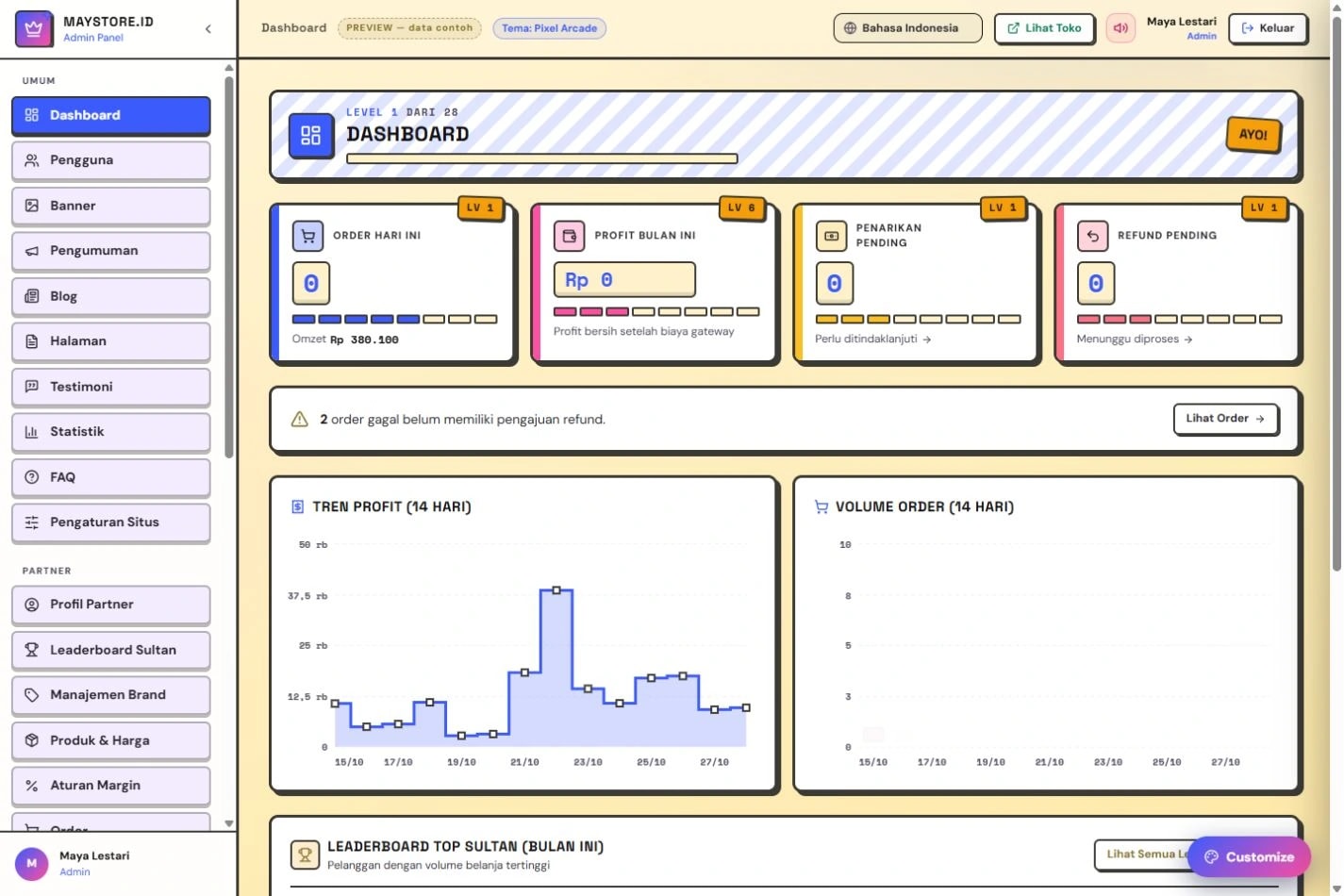 Pixel Arcade · Dashboard partner: Contoh dashboard untuk memantau penjualan, pesanan, dan keuntungan dengan tema yang selaras dengan toko.