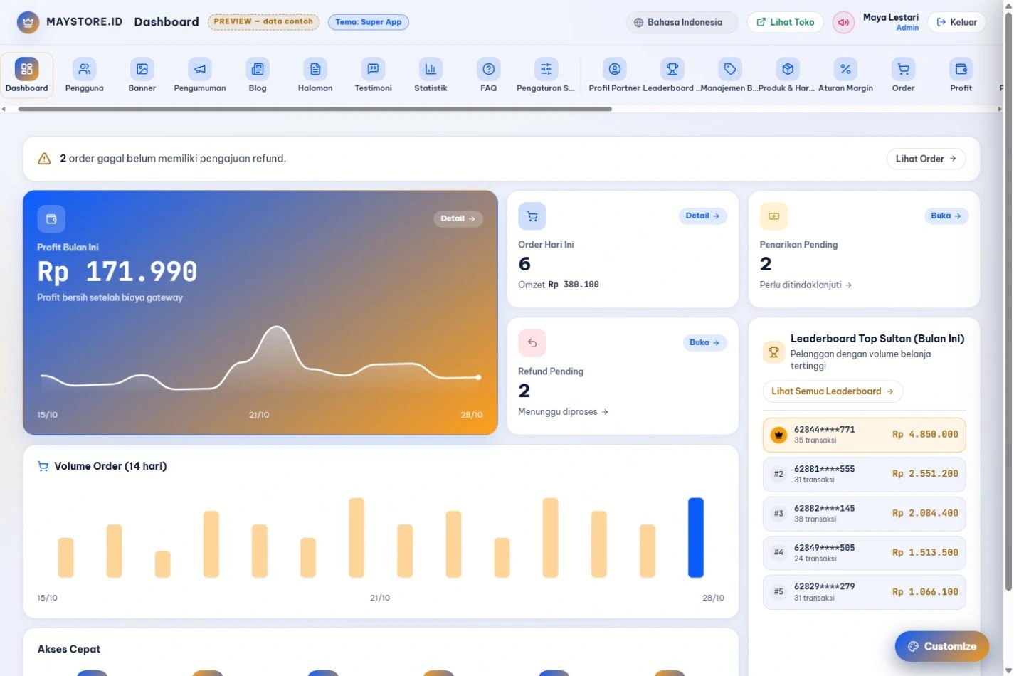 Super App · Dashboard partner: Contoh dashboard untuk memantau penjualan, pesanan, dan keuntungan dengan tema yang selaras dengan toko.