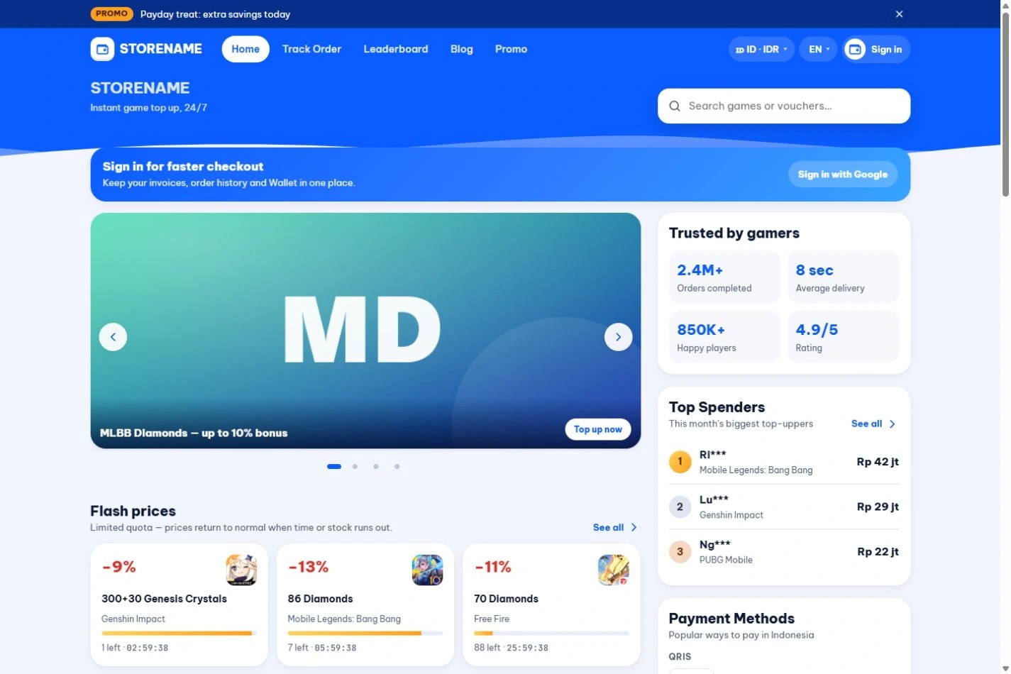 Super App · Tampilan toko: Susunan praktis seperti aplikasi kebutuhan harian.